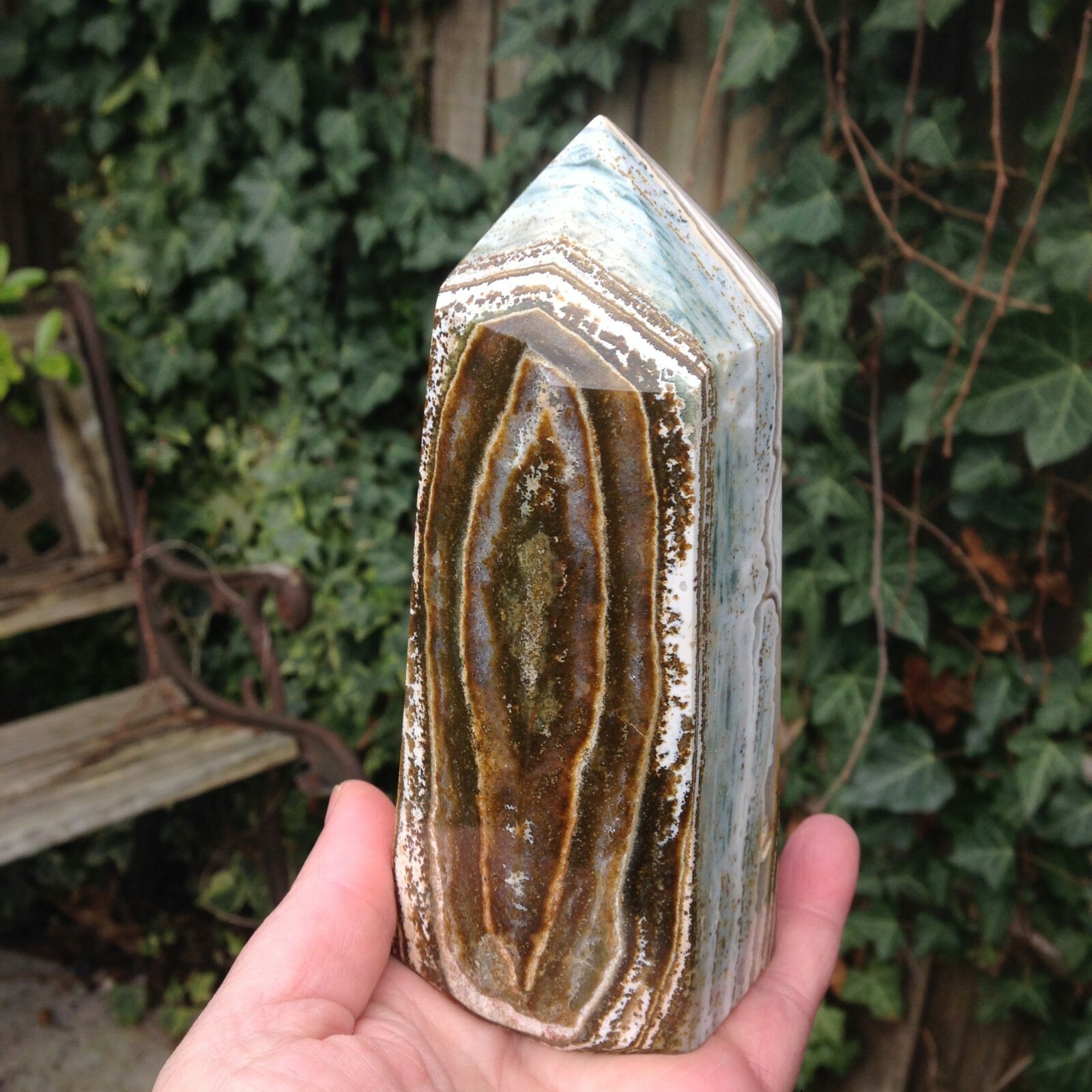 Ocean Jasper Large Crystal Point Obelisk Tower Atlantis Stone 788g 13.8×6.7cm