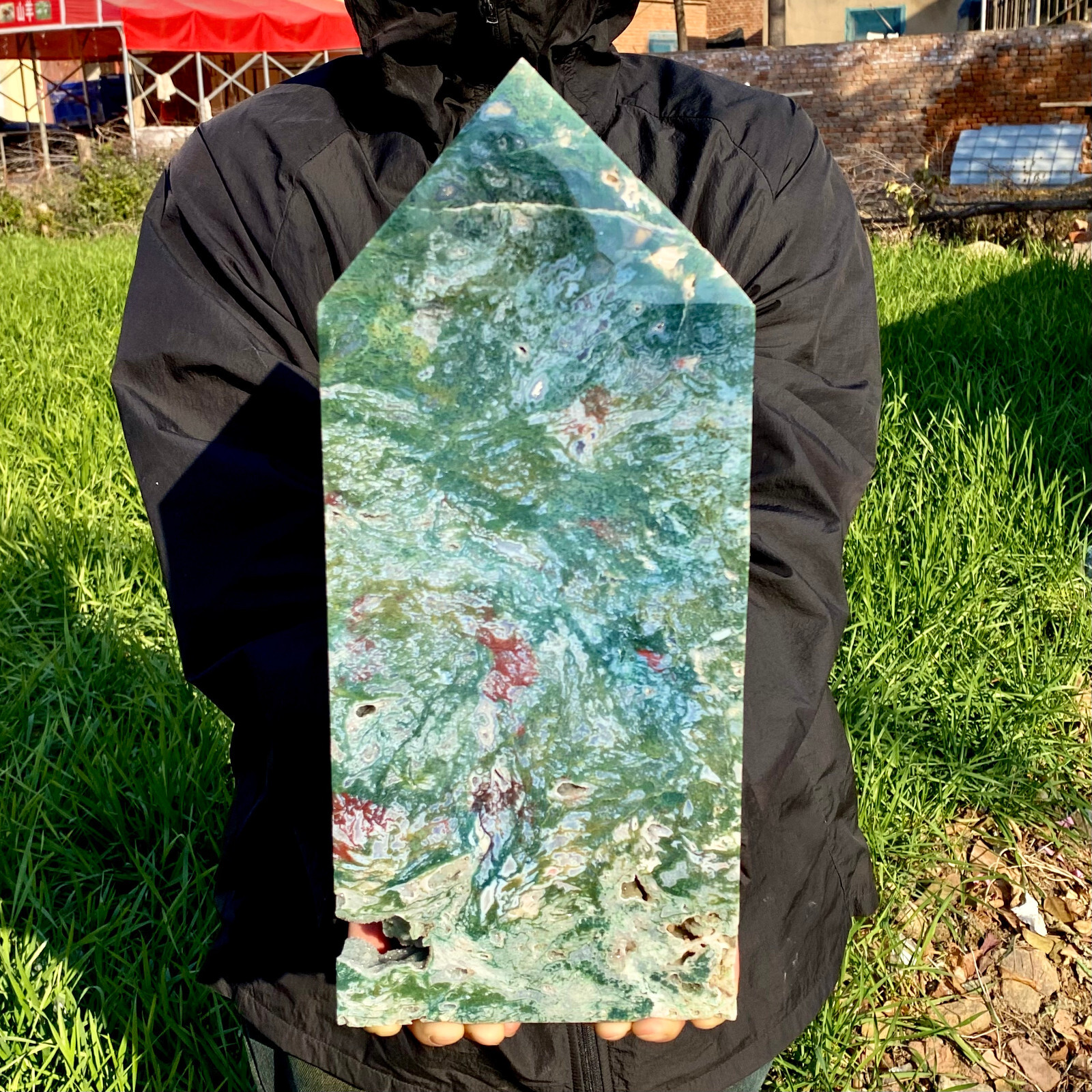 7.73LB Natural green moss agate quartz crystal obelisk aura healing