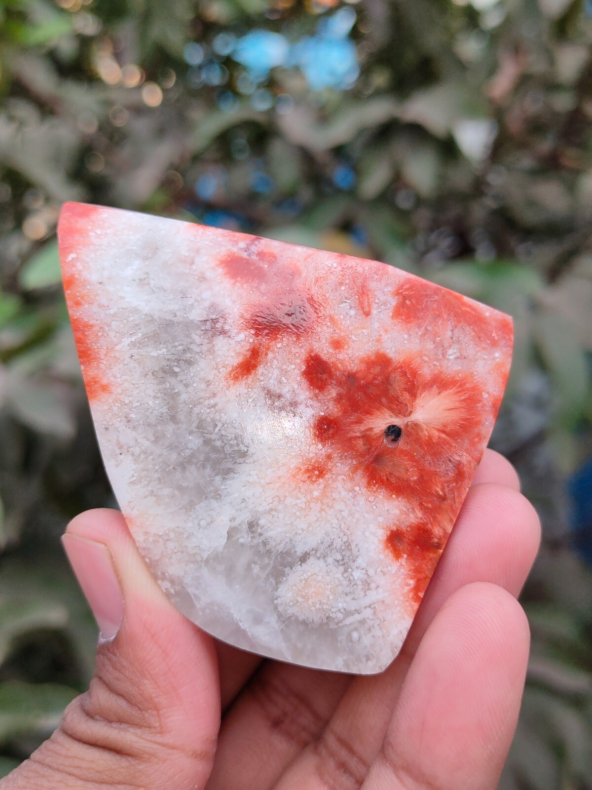 Sun Flower in Quartz. Polished Red Scolecite in Quartz garden decoration Mineral