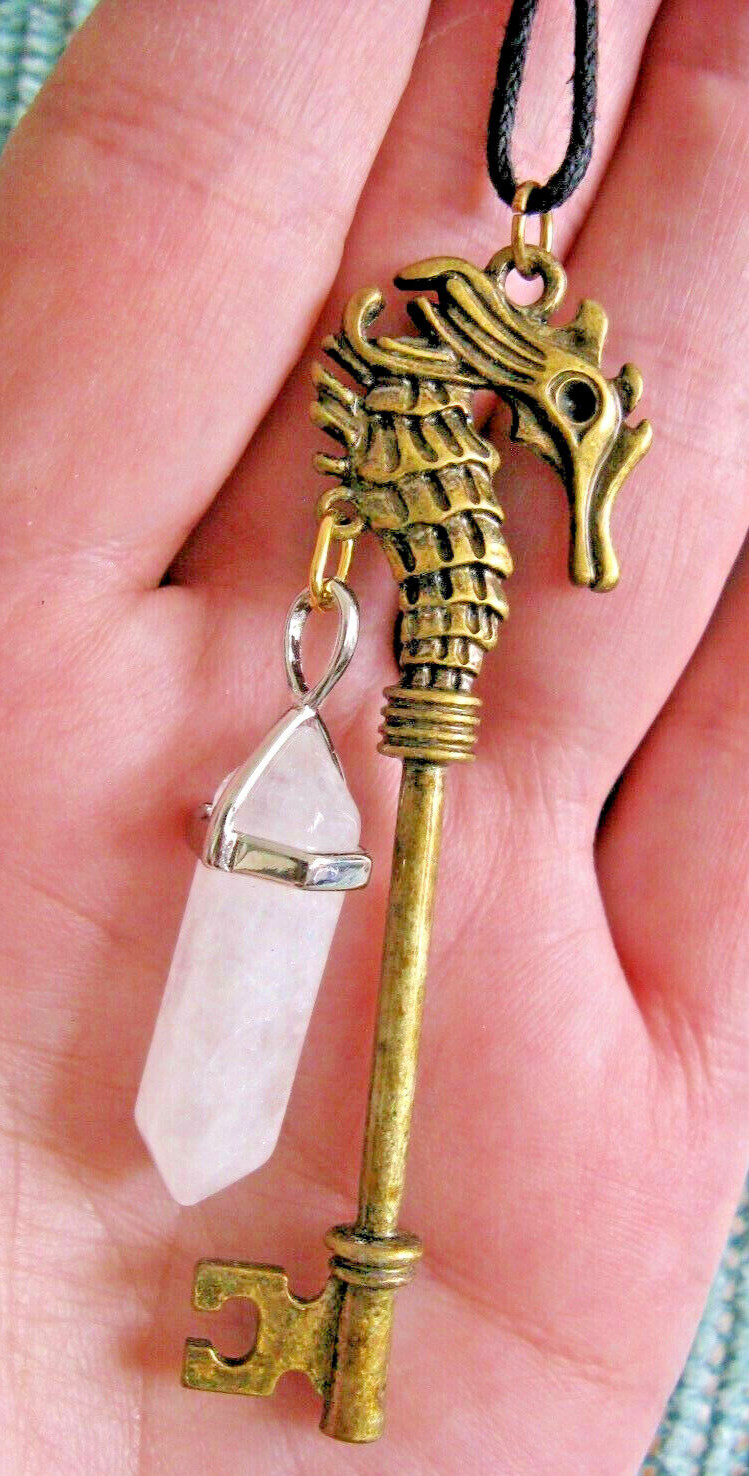 NEW RUSTIC OLD WORLD STYLE SEAHORSE KEY CORD PENDANT W/ NATURAL QUARTZ POINT