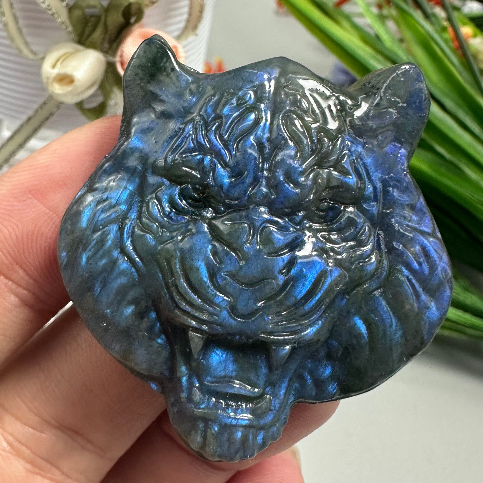 Natural Labradorite Carved Tiger Skull Quartz Skull Crystal Specimen Reiki Heal