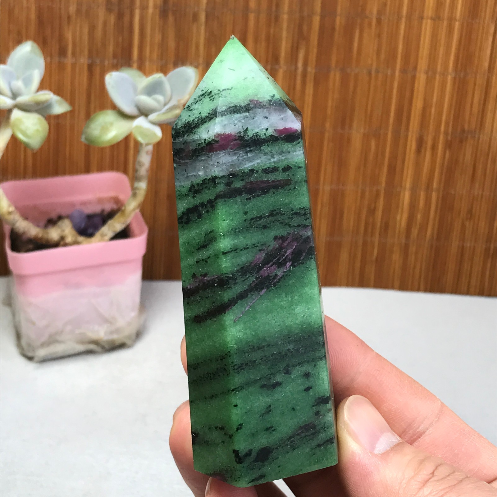 101-35-28mm Natural epidote wand Obelisk Crystal Quartz specimens 210g A3467