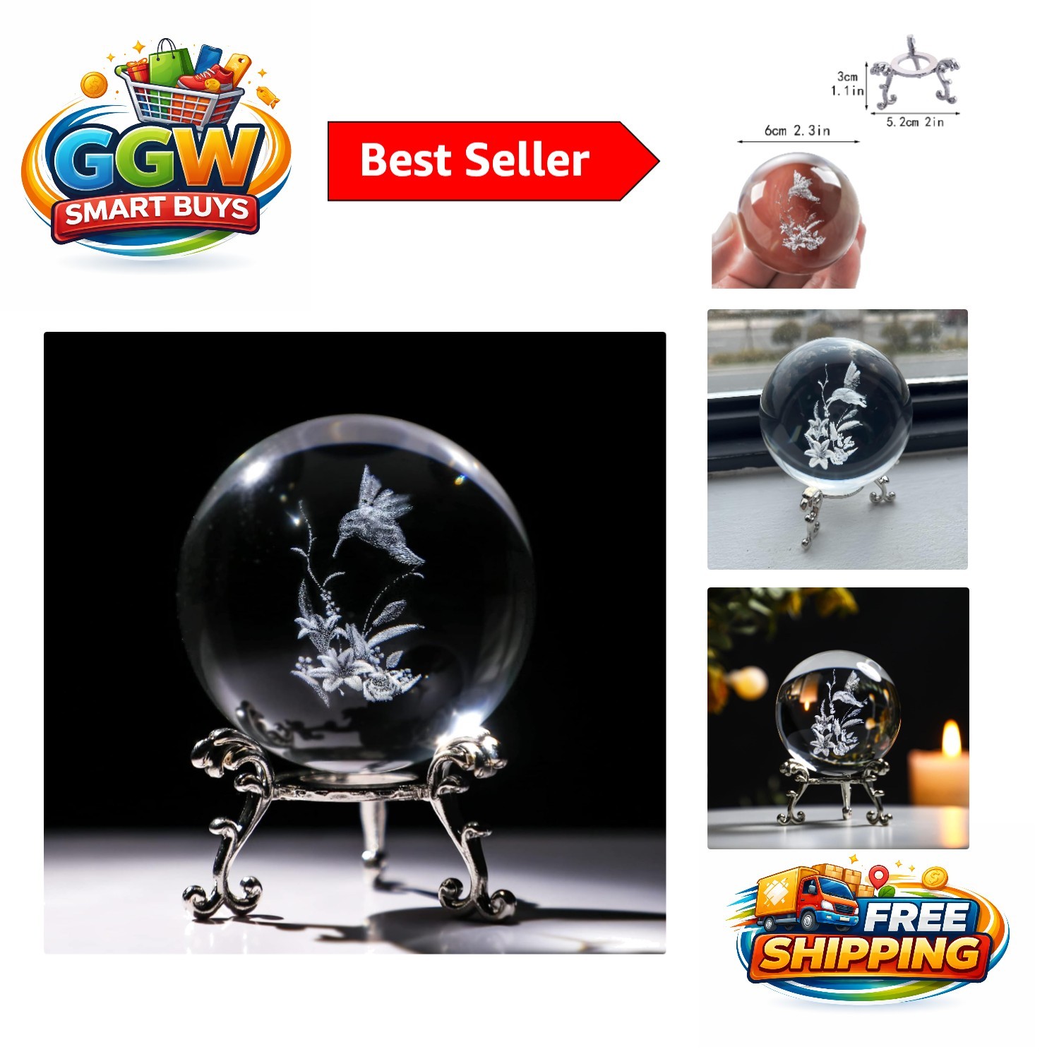 Feng Shui 60mm Hummingbird Crystal Ball Paperweight with Metal Stand – Gift Idea