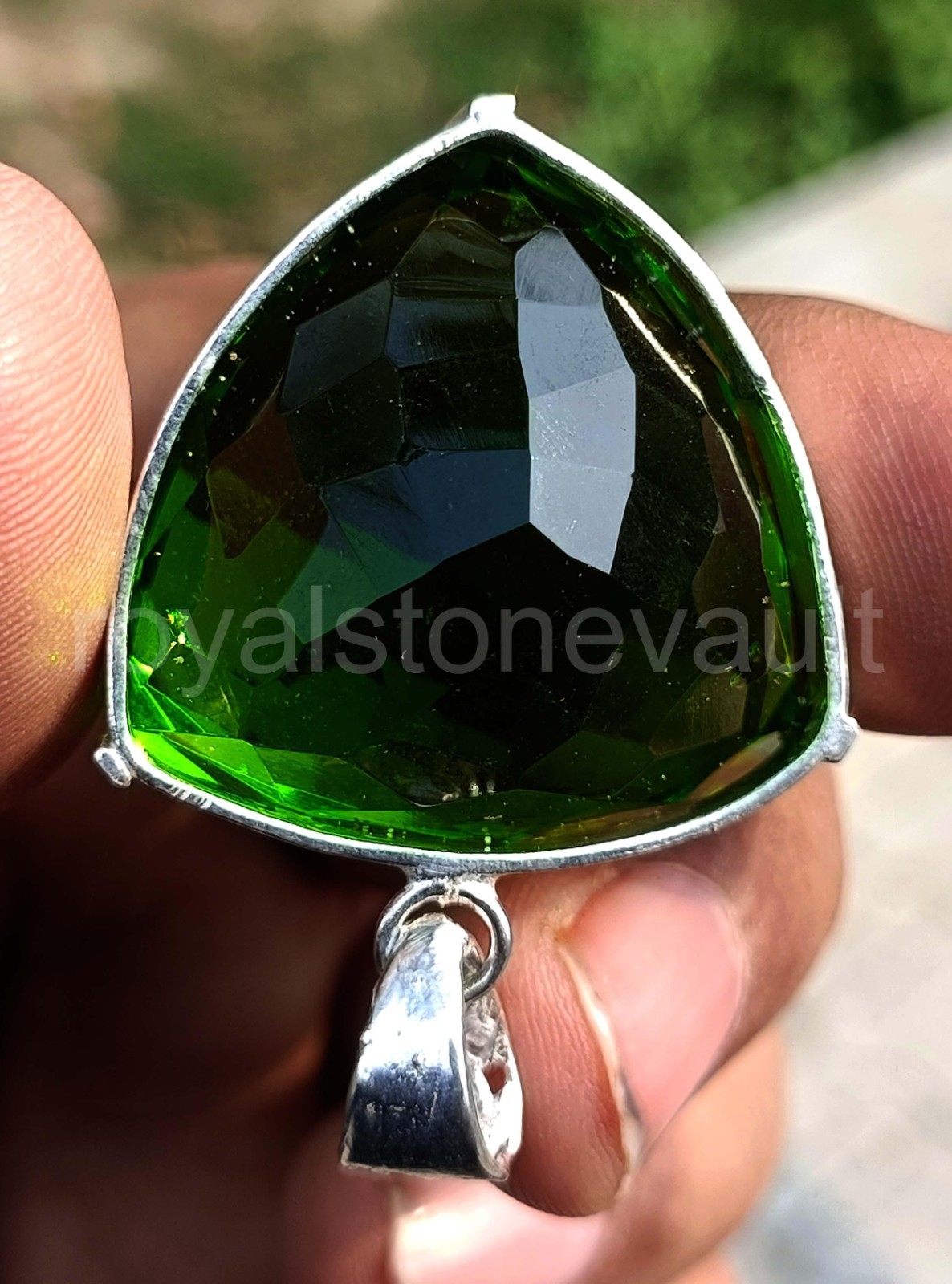 100.80 Ct Natural Peridot Trillion Shape 925 Silver Pendant Free Chain IGL 6FHM