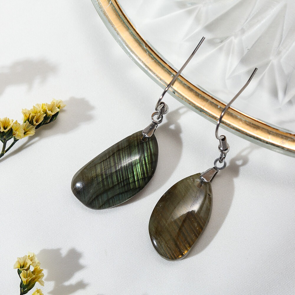 Natural Drop Labradorite Dangle Hook Earrings Crystal Quartz Healing Jewelry