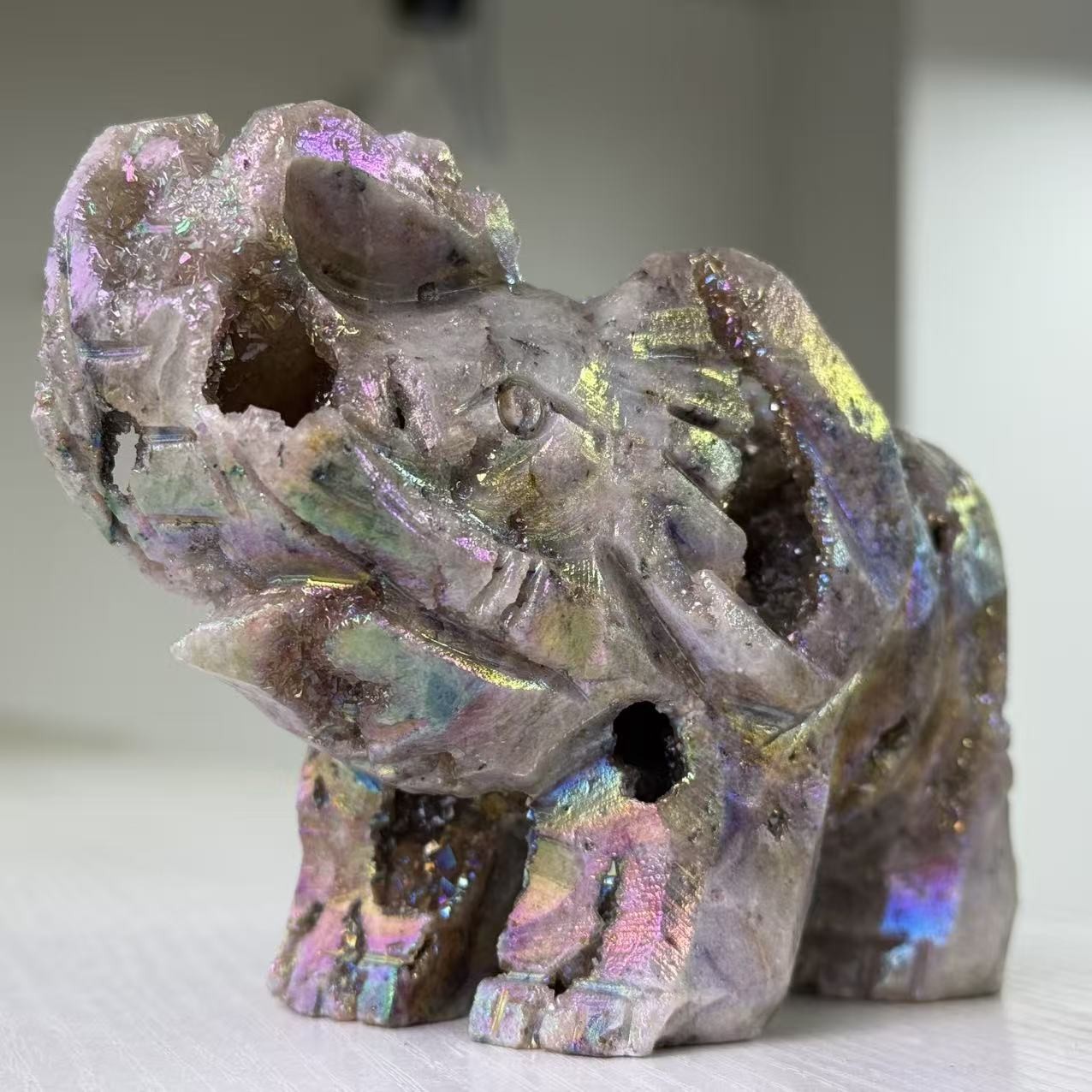 1.9LB 3.1″ Rainbow Aura Sphalerite Elephant Crystal Druzy Carving Home Decor