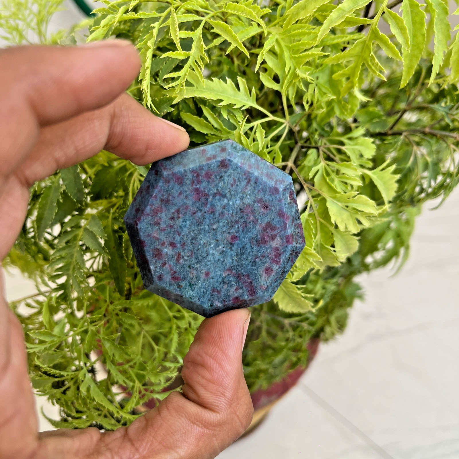 Ruby Kyanite Palm Stone UV Reactive Fluorescent Crystal Octagon 48mm
