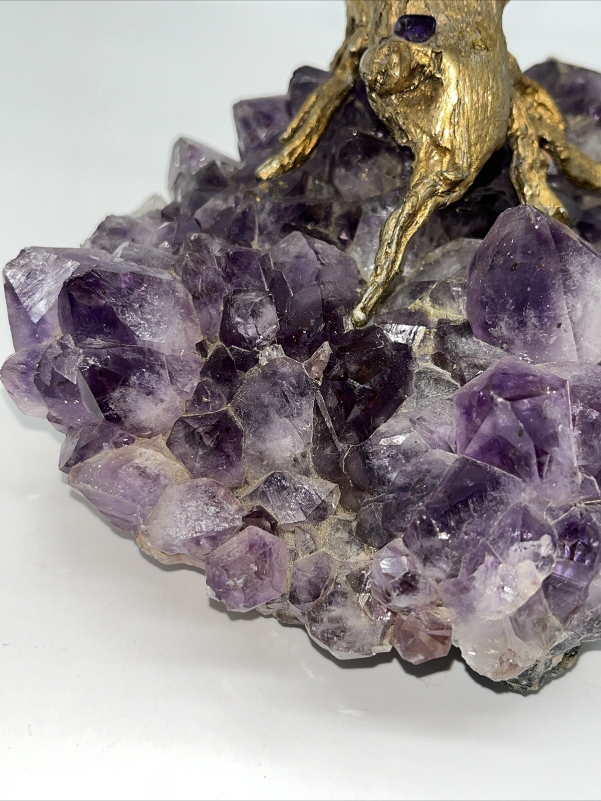 Natural Amethyst Gemstone Rock Gold Tone Tree Of Life Bonsai Sculpture Figurine