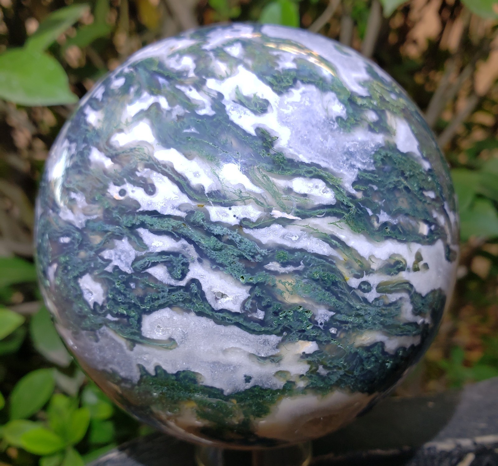 4″ Green Moss Agate Quartz Crystal Mineral Sphere Ball Orb UV Druzy, 1427g