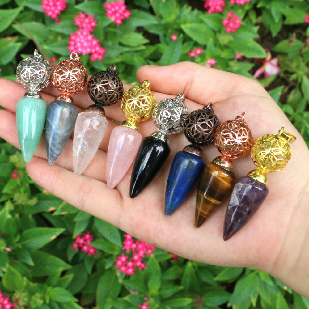 1pc Bullet Cone Crystal Chakra Chain Pendulum Quartz Stone Metal Dowsing Pendant