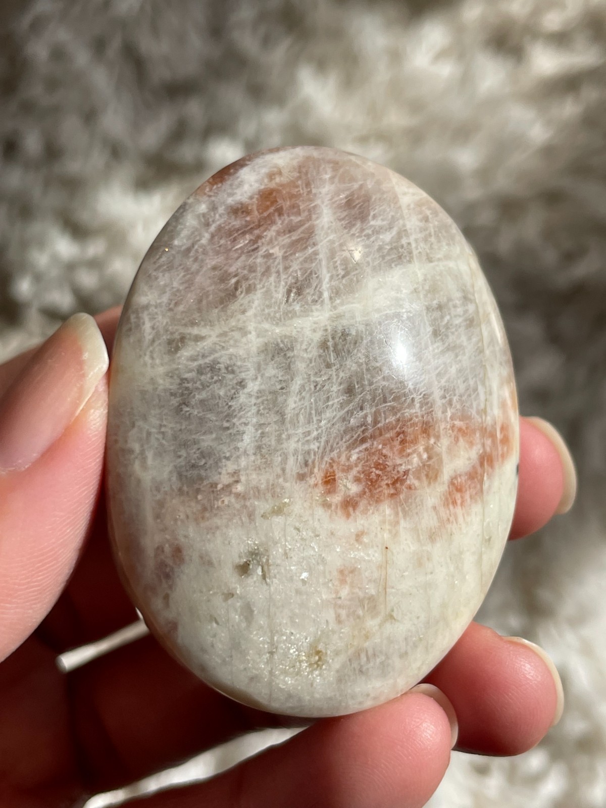 Rainbow Moonstone with Sunstone Palmstone, Medium – Light Flashes (MT)