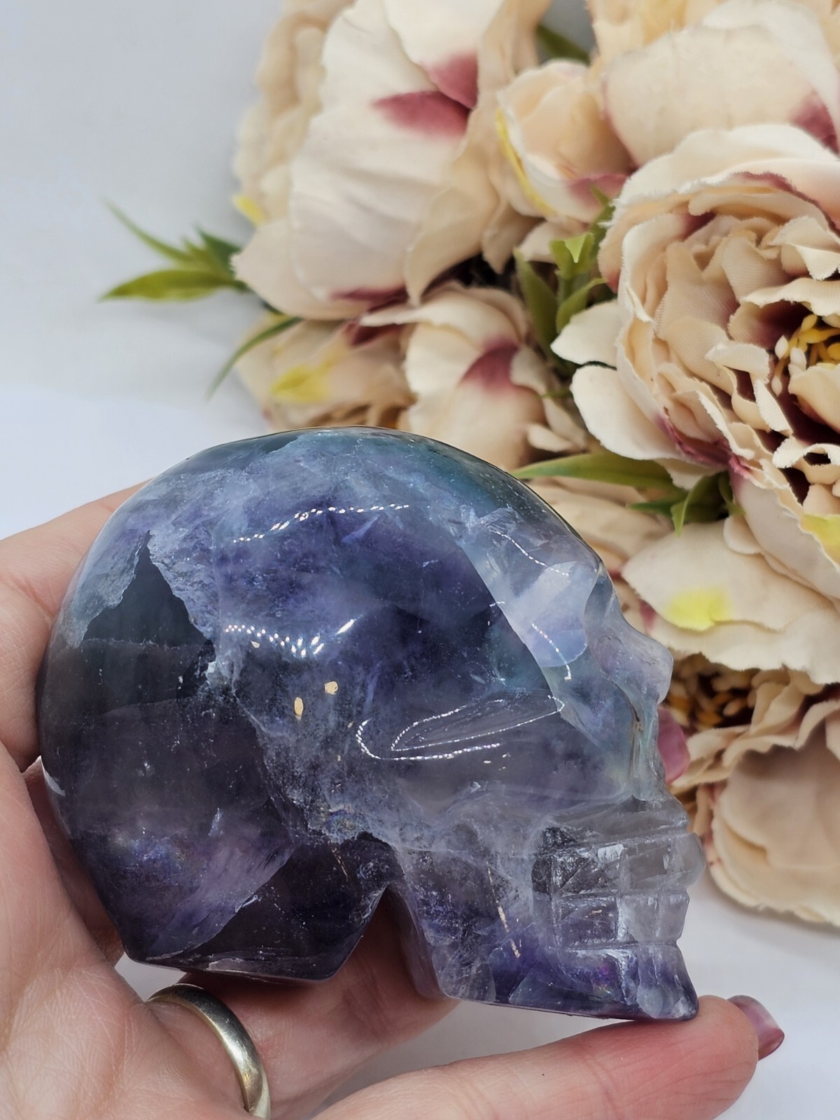 Rainbow Fluorite Skull Crystal Carving 248g Purple Green Blue 5x 6 x 4cm
