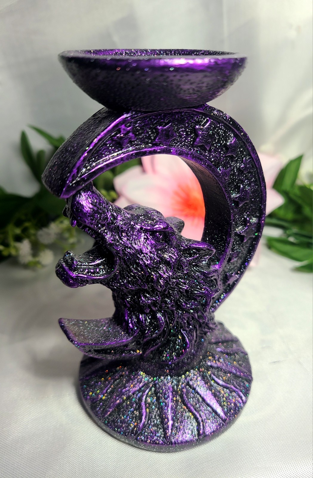 Sparkling Purple Wolf Crescent Moon Stars Resin Sphere Stand Crystal Ball Holder
