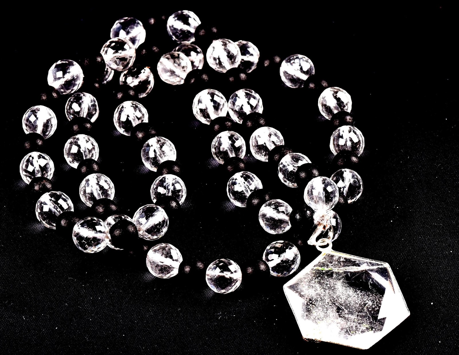 Satyaloka 10 mm faceted Quartz & Karungali Bead Mala with Hexagonal Pendant#8072