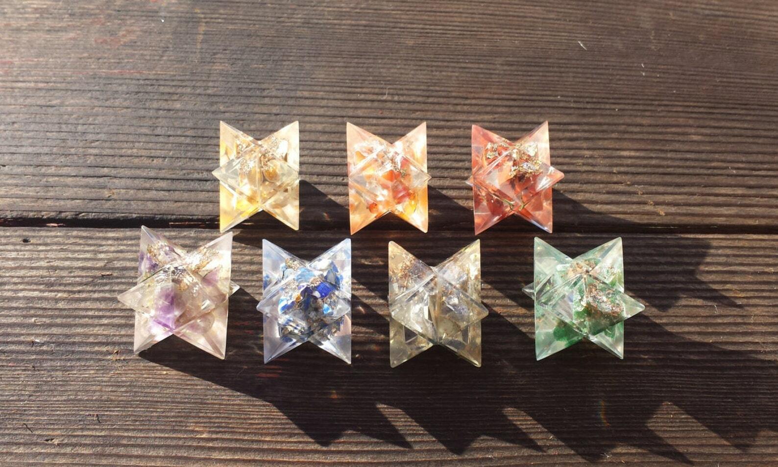 7 CHAKRA MERKABA SET COMPLETE ORGONE GEMSTONE MERKABA STAR SET ORGONE (30-32MM)