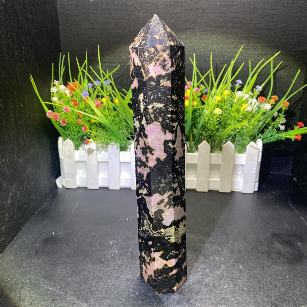 1.9LB 9″Natural Unique Pink Rhodonite Obelisk Crystal Reiki Tower Heal Decor