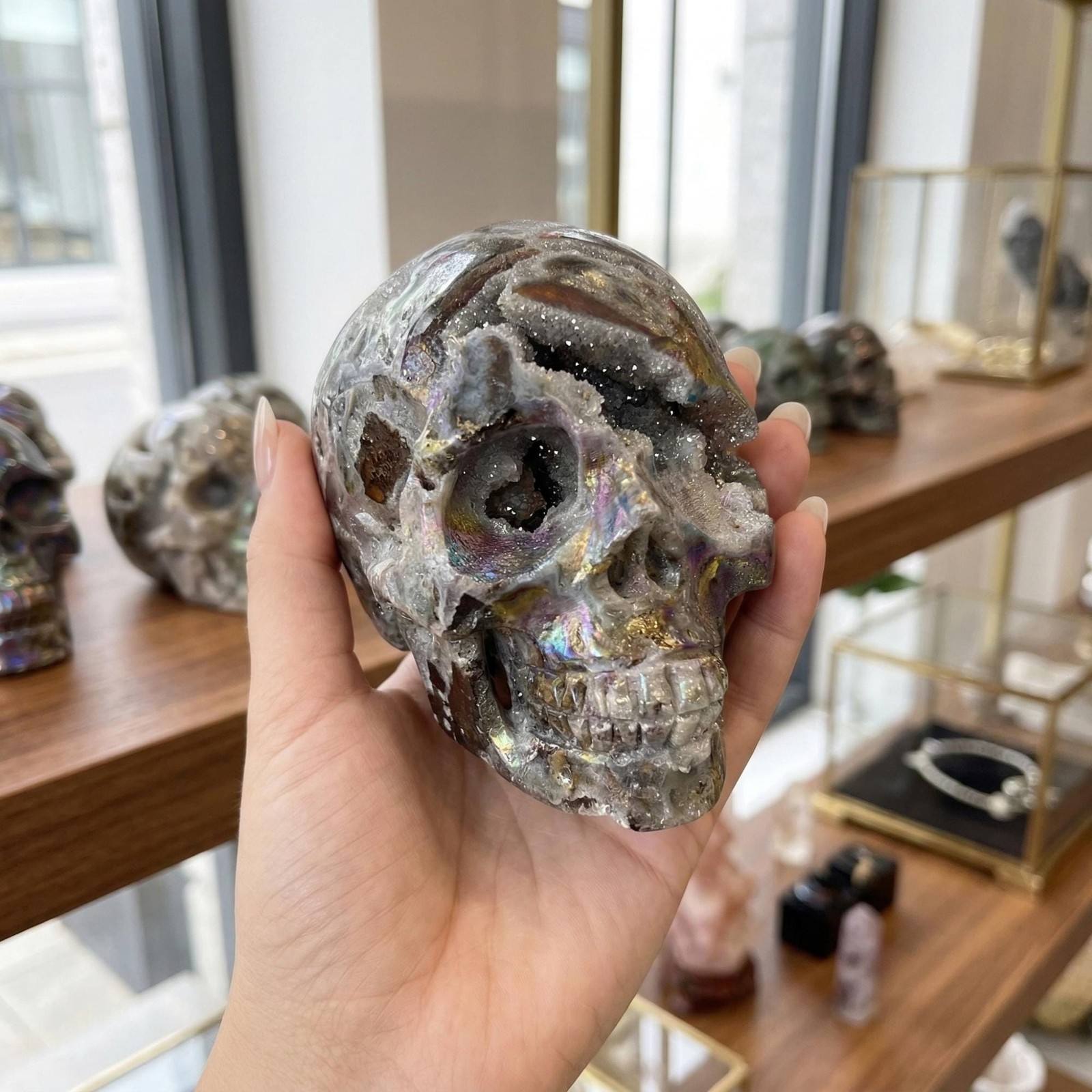 3.15-3.94in/8-10cm Aura Sphalerite Geode Skull Crystal Healing Decor Gift