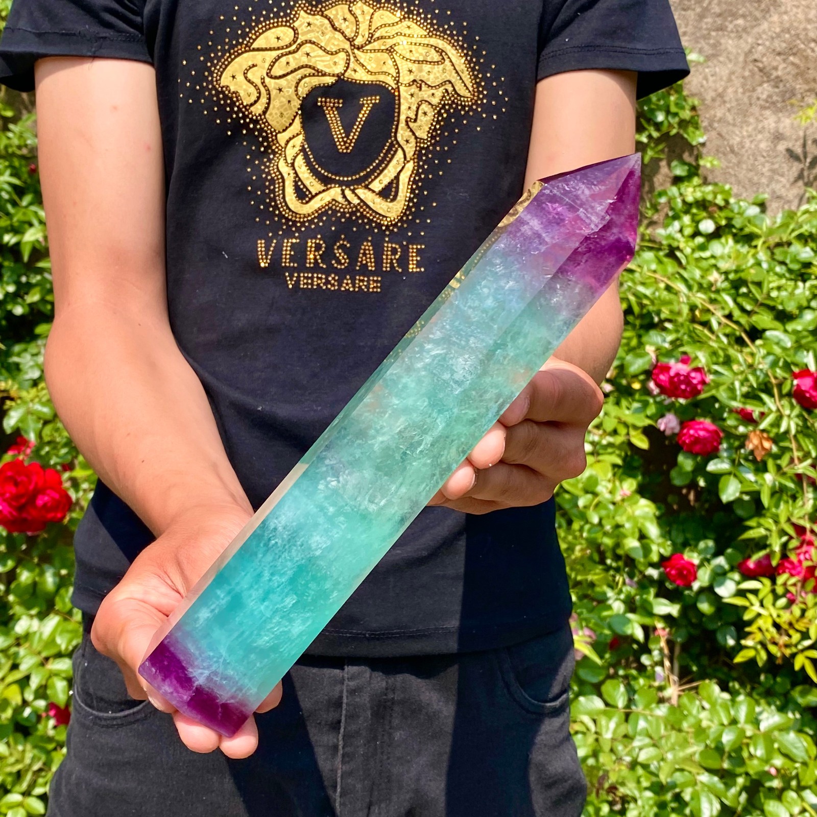 2.2LB Natural rainbow fluorite obelisk quartz crystal wand point Gem Healing