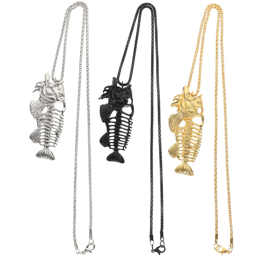 3Pcs Fish Bone Necklace Set Stainless Steel Surfer Chain Durable Alloy Pendant