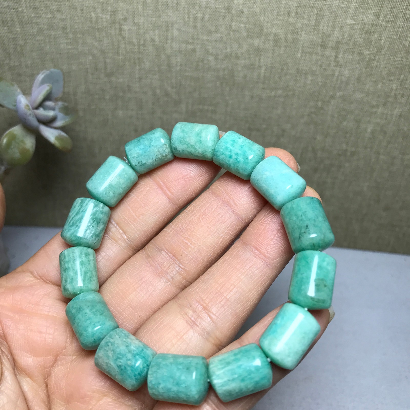 Rare Natural amazonite gemstone Crystal chain barrel beads bracelet 37g A3011