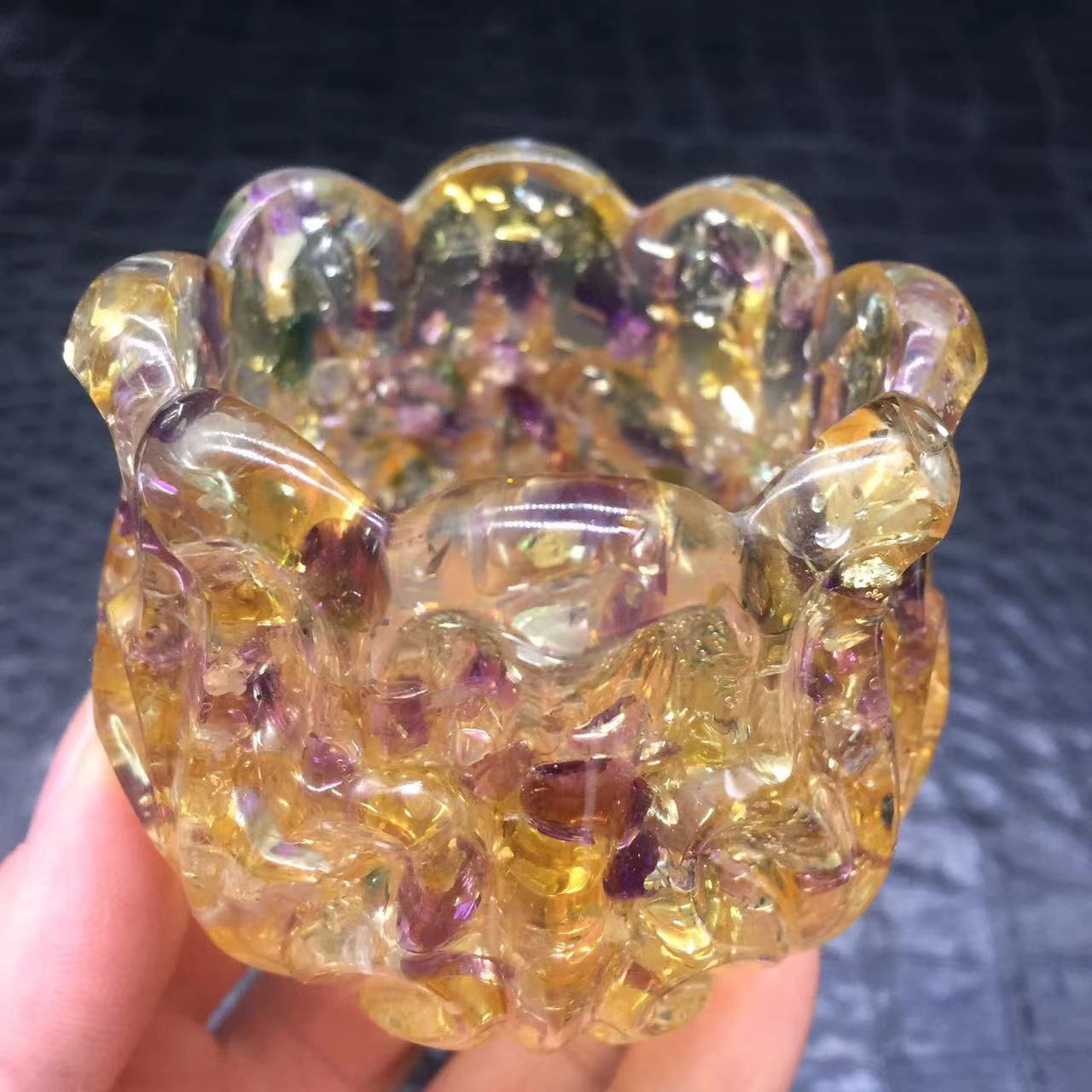 Natural Ametrine Quartz Crystal Resin Filled Brush Pot Gravel Healing Decora 1Pc