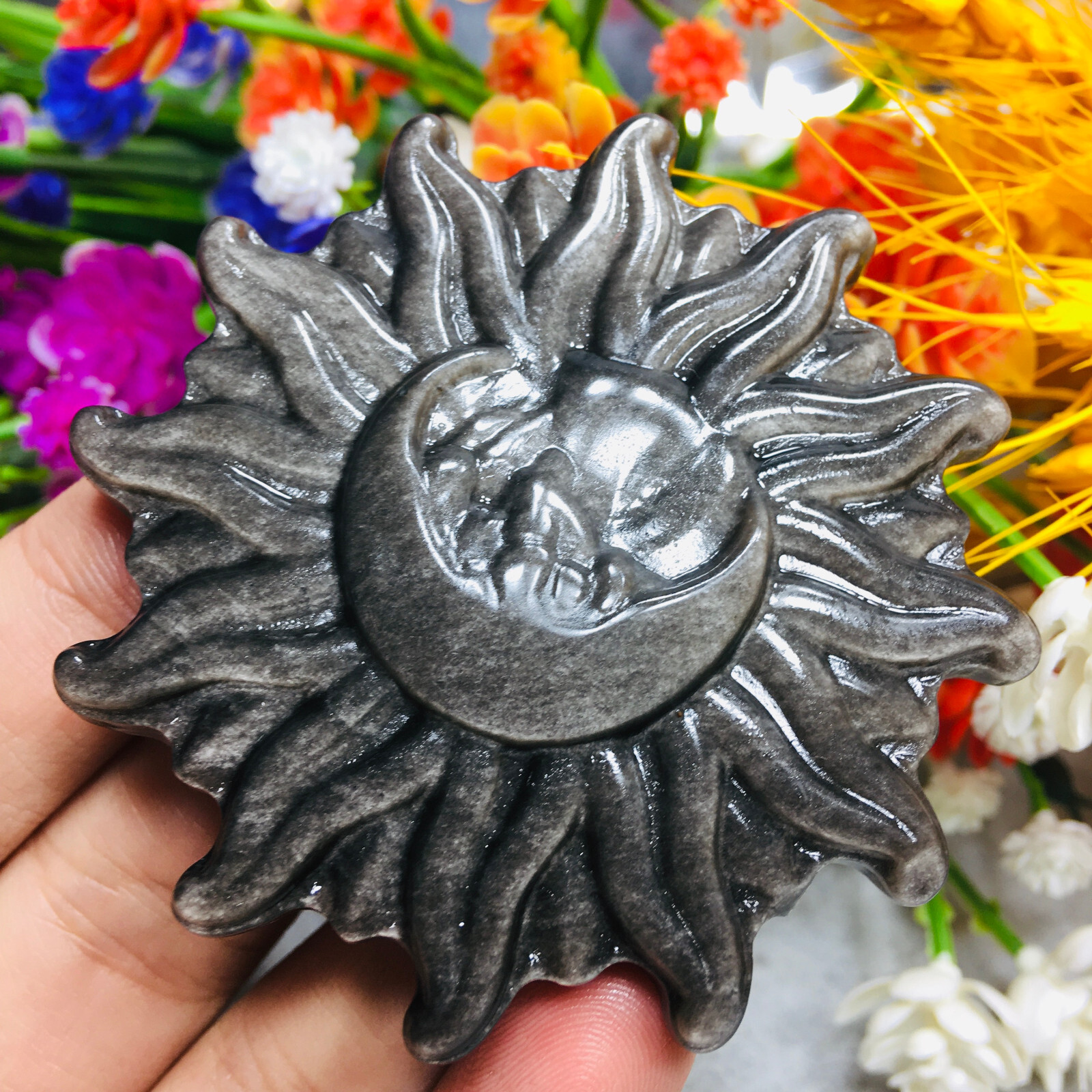 Natural Silver Obsidian Sun Moon Quartz Skull Crystal Specimen Reiki Healing 1pc