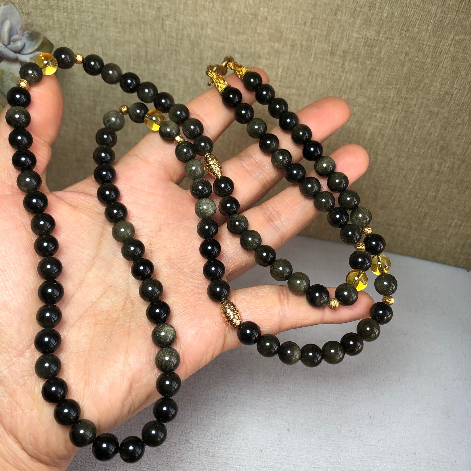 wholesale Natural Black Obsidian chain beads necklace 8mm A2781