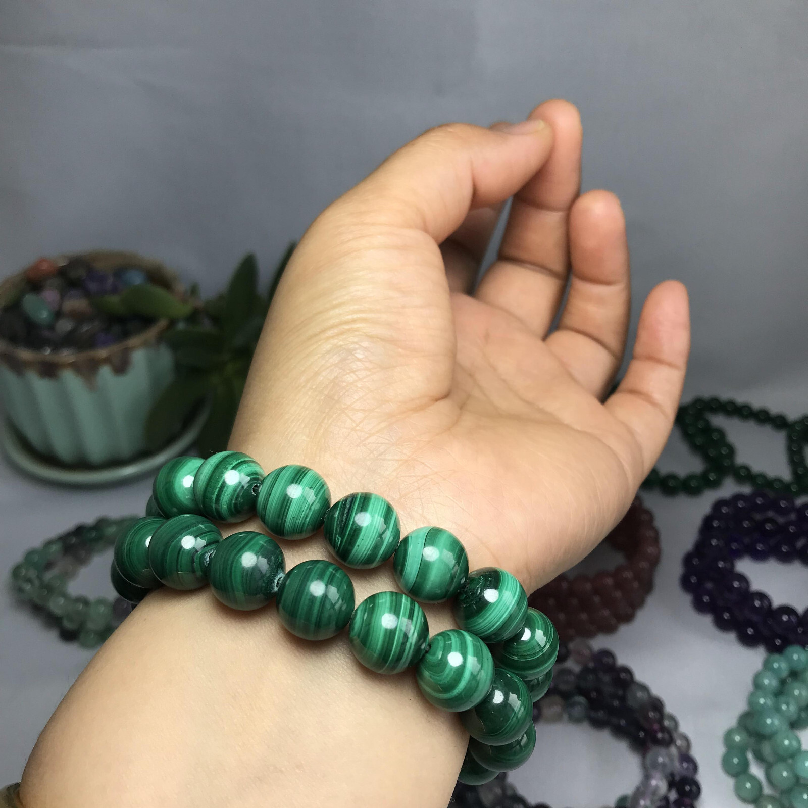 12mm Natural malachite gemstone Crystal chain beads bracelet 62-33g A5261
