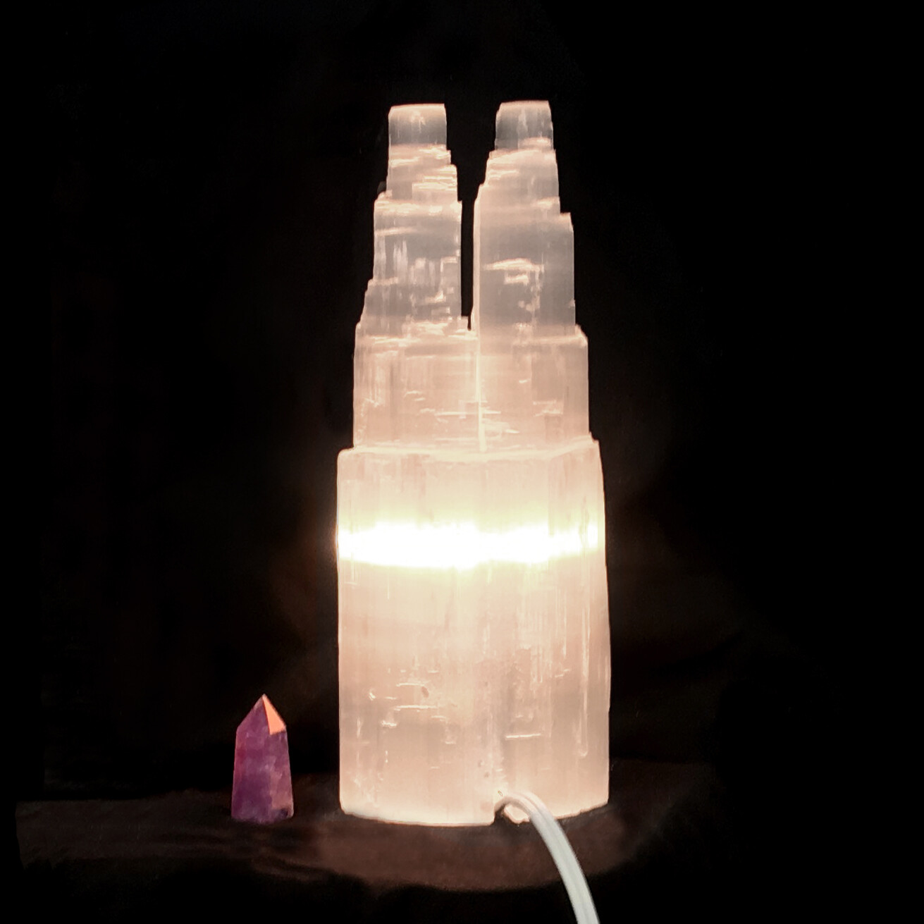 Selenite Tower Lamp ” Double Twin Tower White Natural Crystal Light & LED Cord