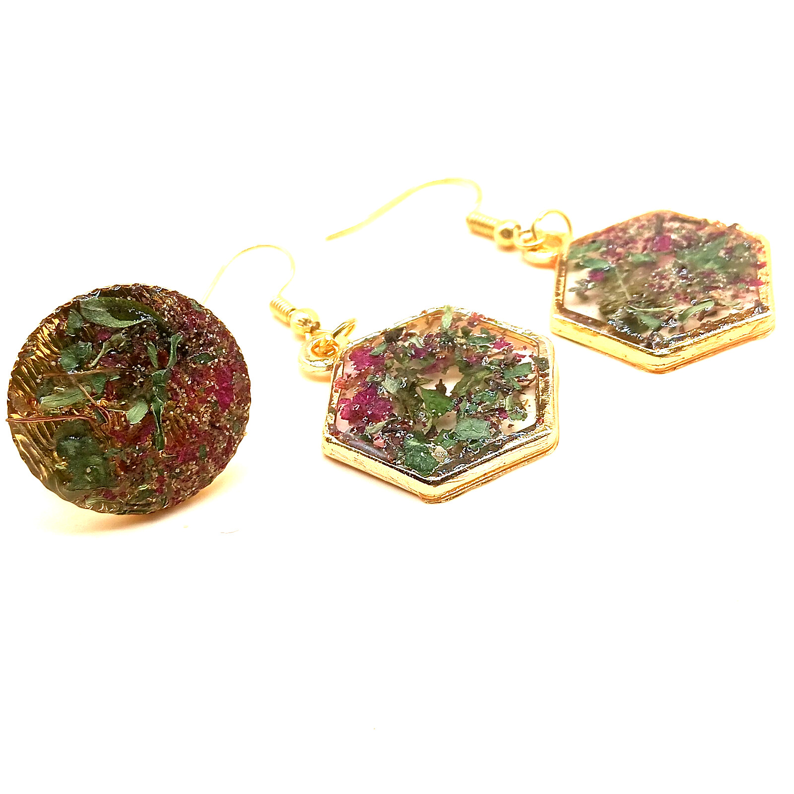 Hexagonal Botanical Resin Jewelry Trio