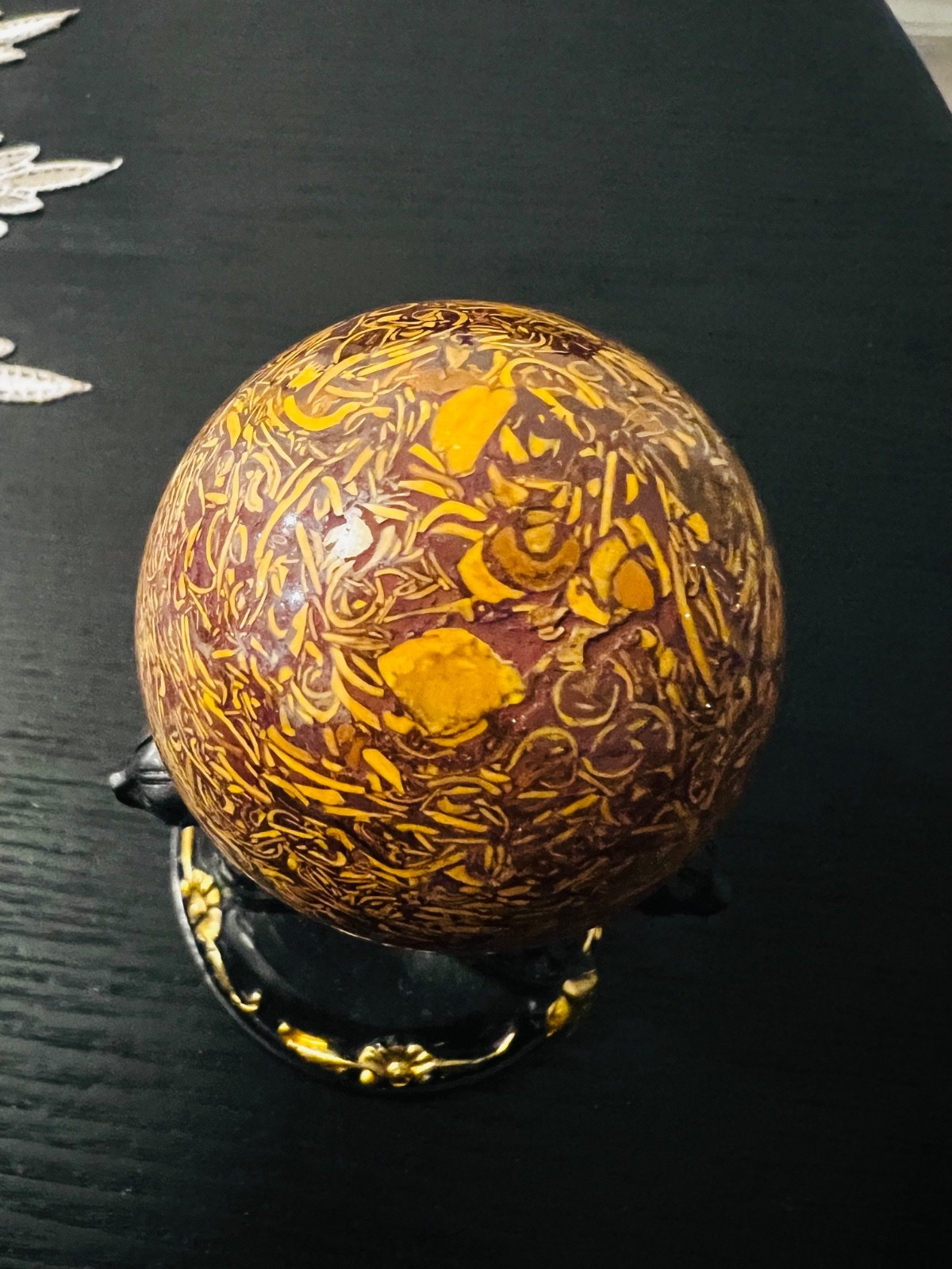 Rare Natural Calligraphy Crystal Sphere Yellow Mariam Jasper Stone 5.5 cm 228g