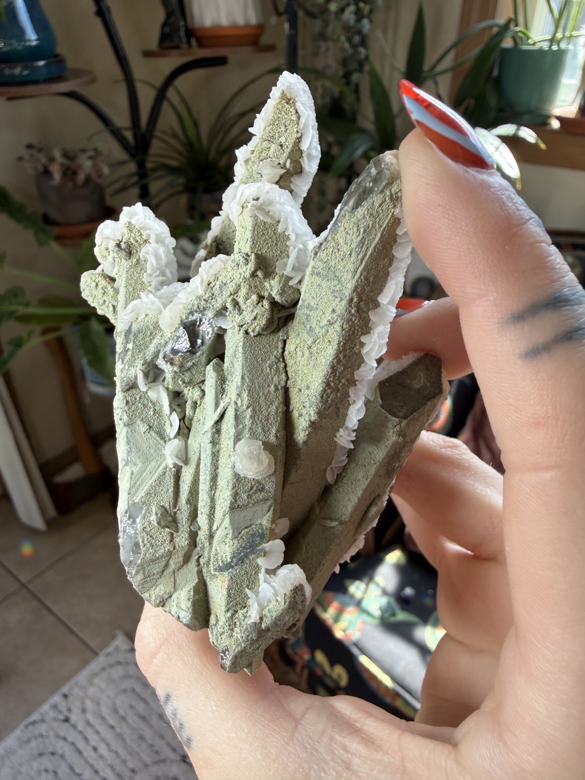 Green Chlorite Quartz Cluster with White Petal Calcite – Inner Mongolia, China