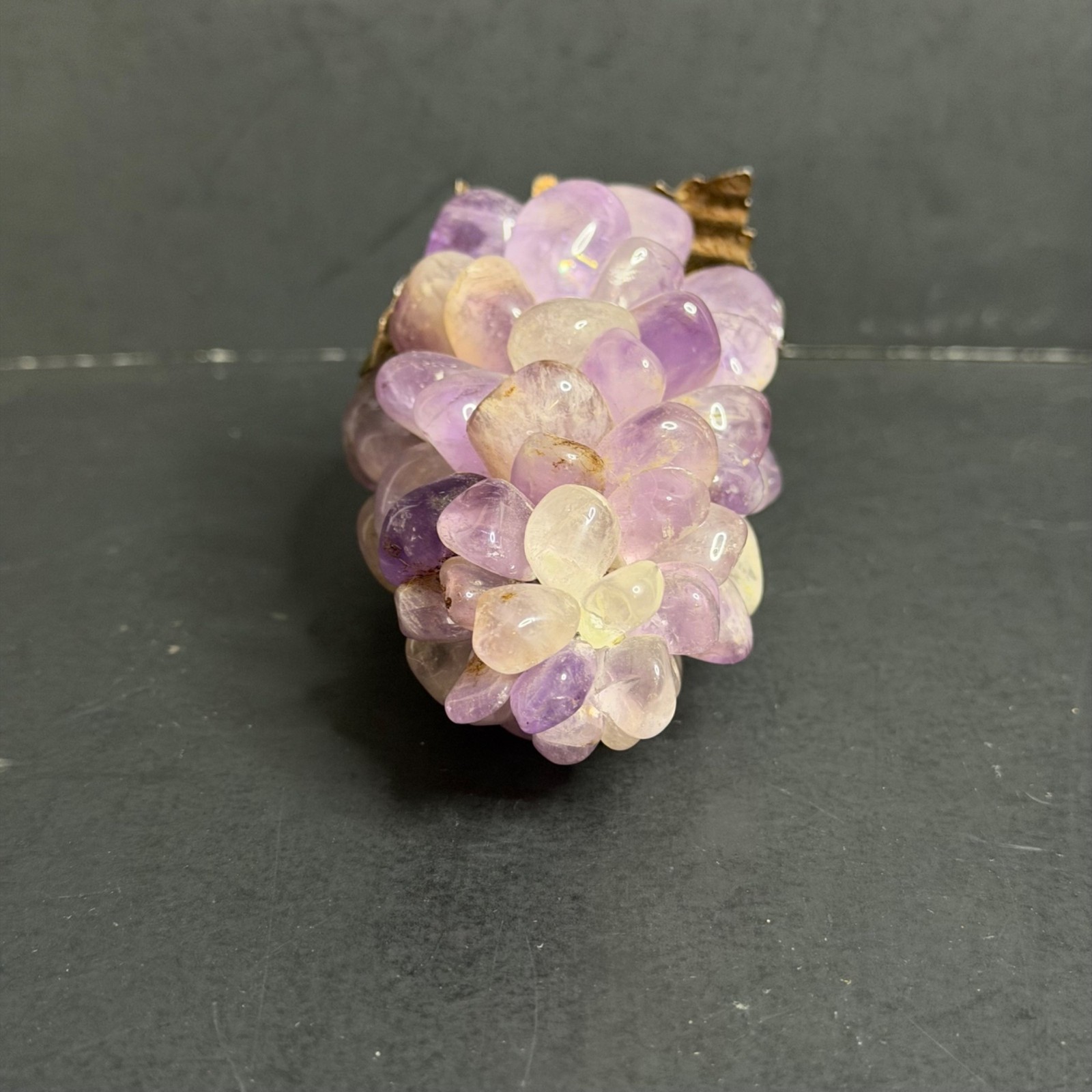 Polished Amethyst Purple Quartz Crystal Grape Cluster Brass Leaf Paperweight