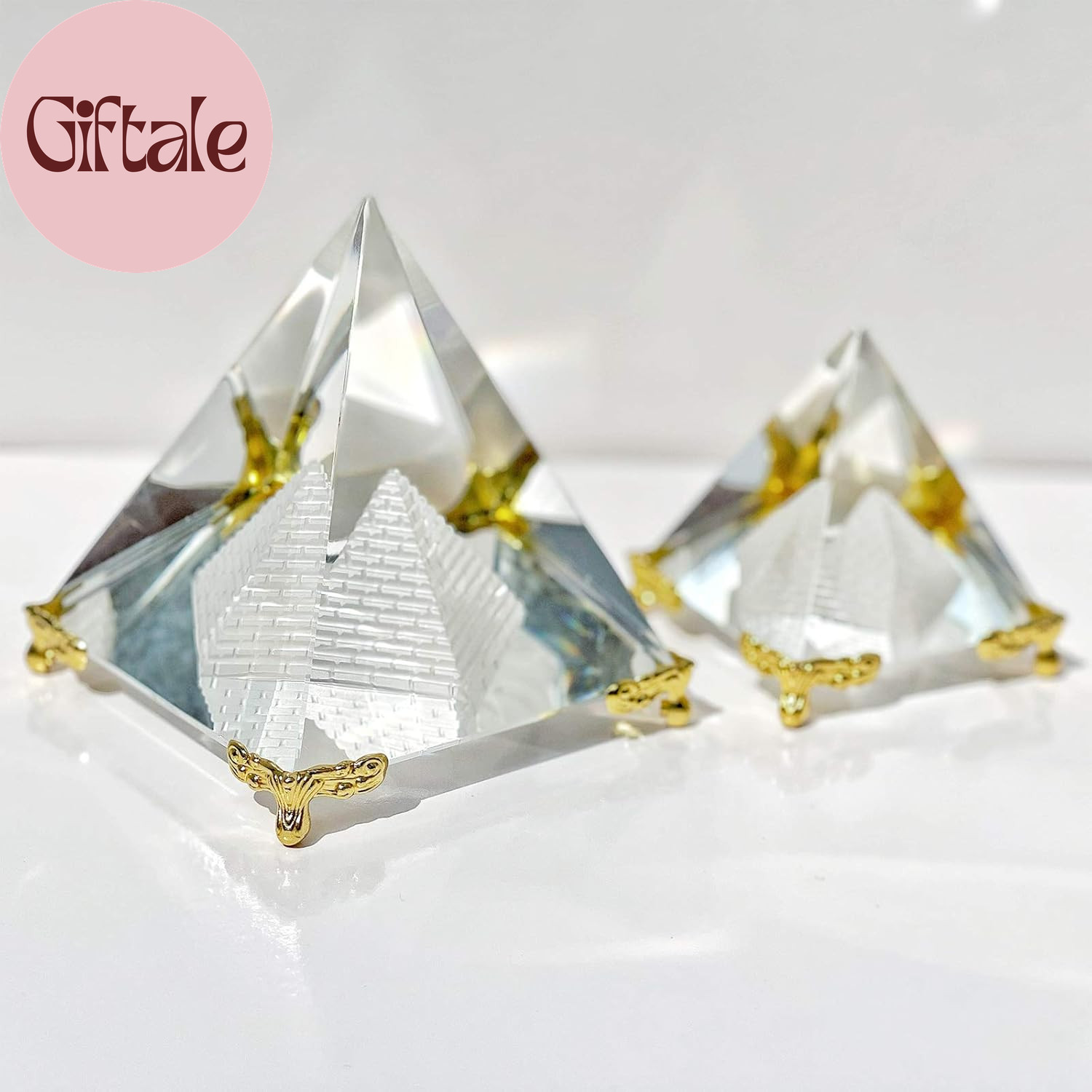 Crystal Pyramid Prism, Feng Shui Crafts Meditation Crystal with Gold Stand for H