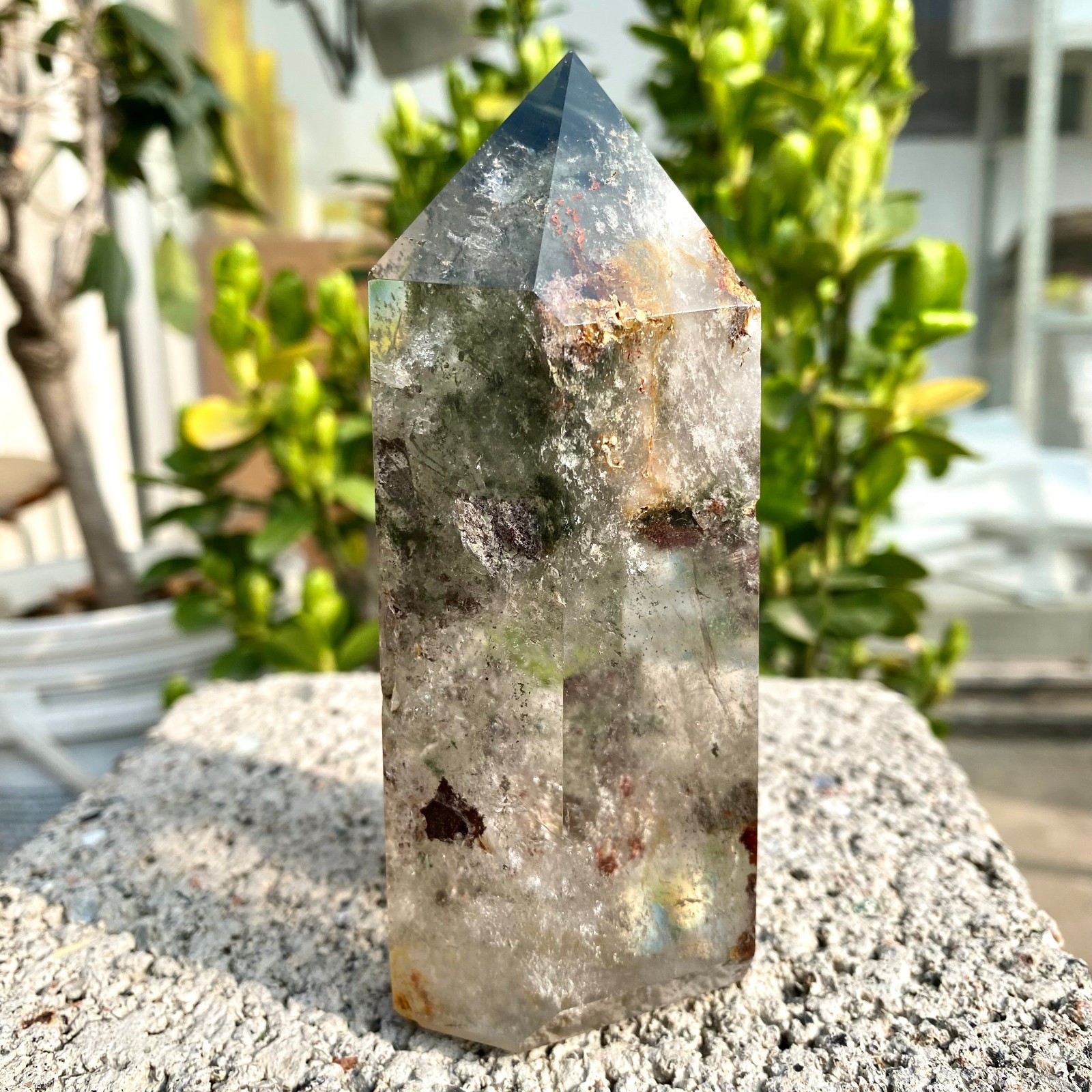 1.33LB Natural Green Ghost Phantom Quartz Crystal Obelisk Tower Rod restoration