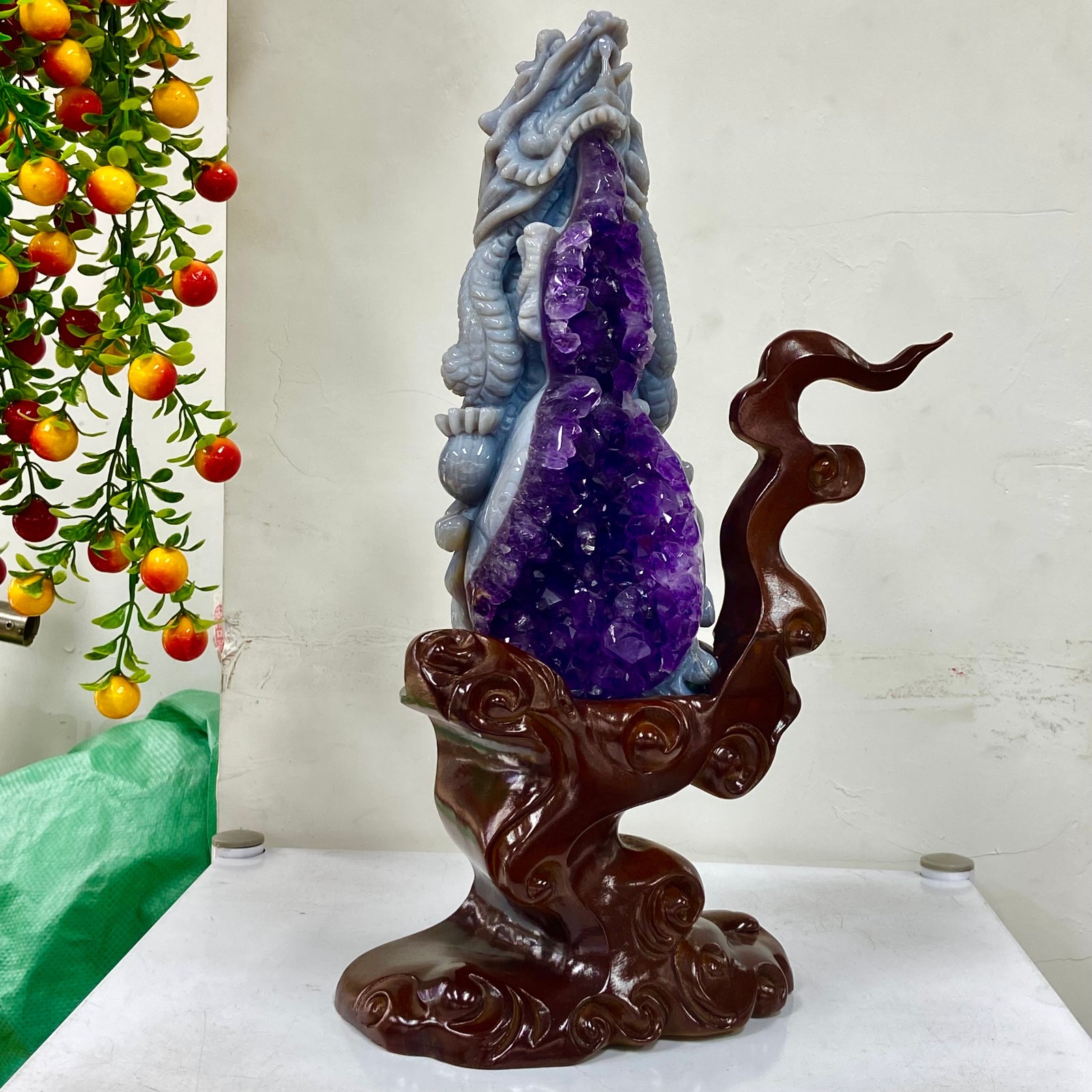 6.63LB Rare Natural Uruguay Amethyst Geode Quartz Crystal agate Carved Dragon