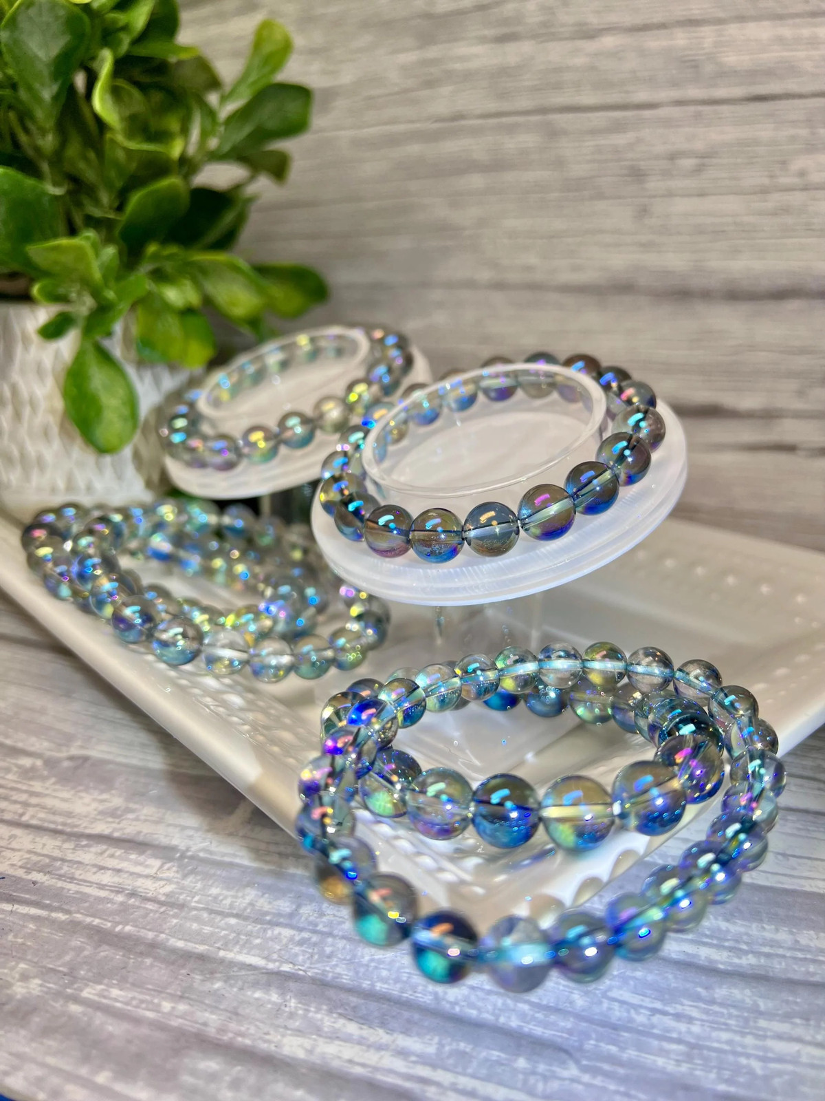 Rainbow Aura Coated Clear Quartz Bracelet, Blue Iridescent Aura Coating over