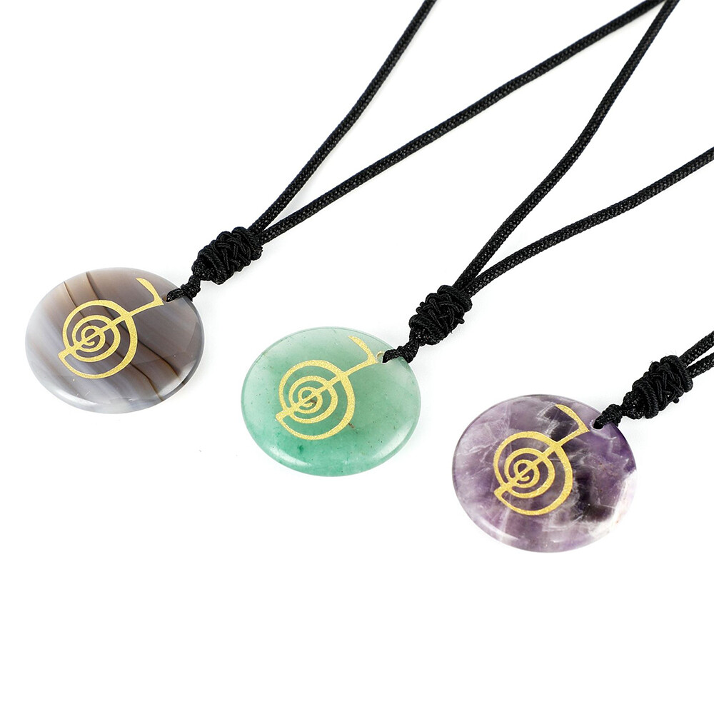 Natural Crystal Cho Ku Rei Quartz Necklace Stone Aura Symbol Round Pendant Reiki