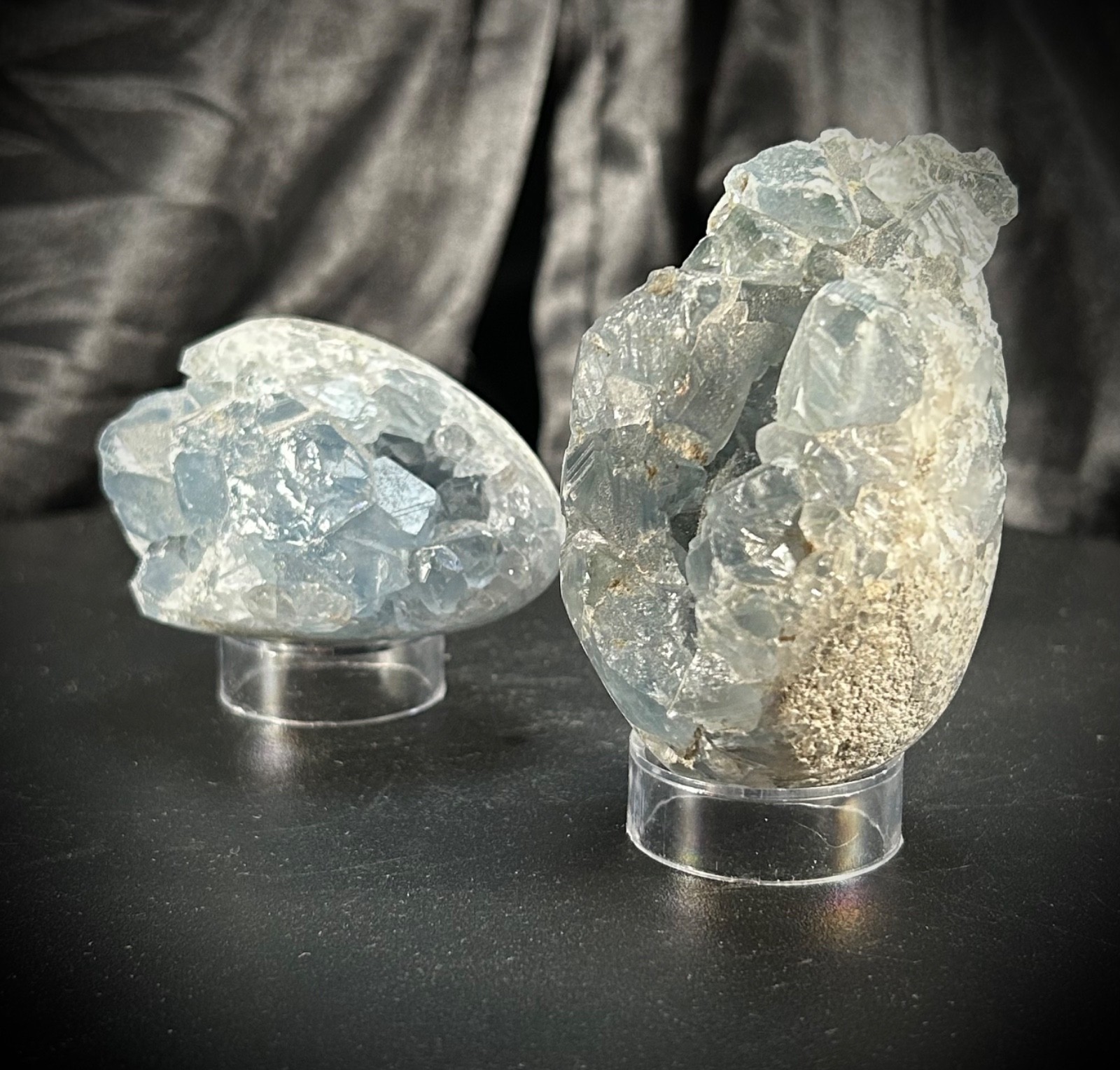 Pair of Celestite Freeform Specimens with Clear Acrylic Stands 1lb 5.8oz