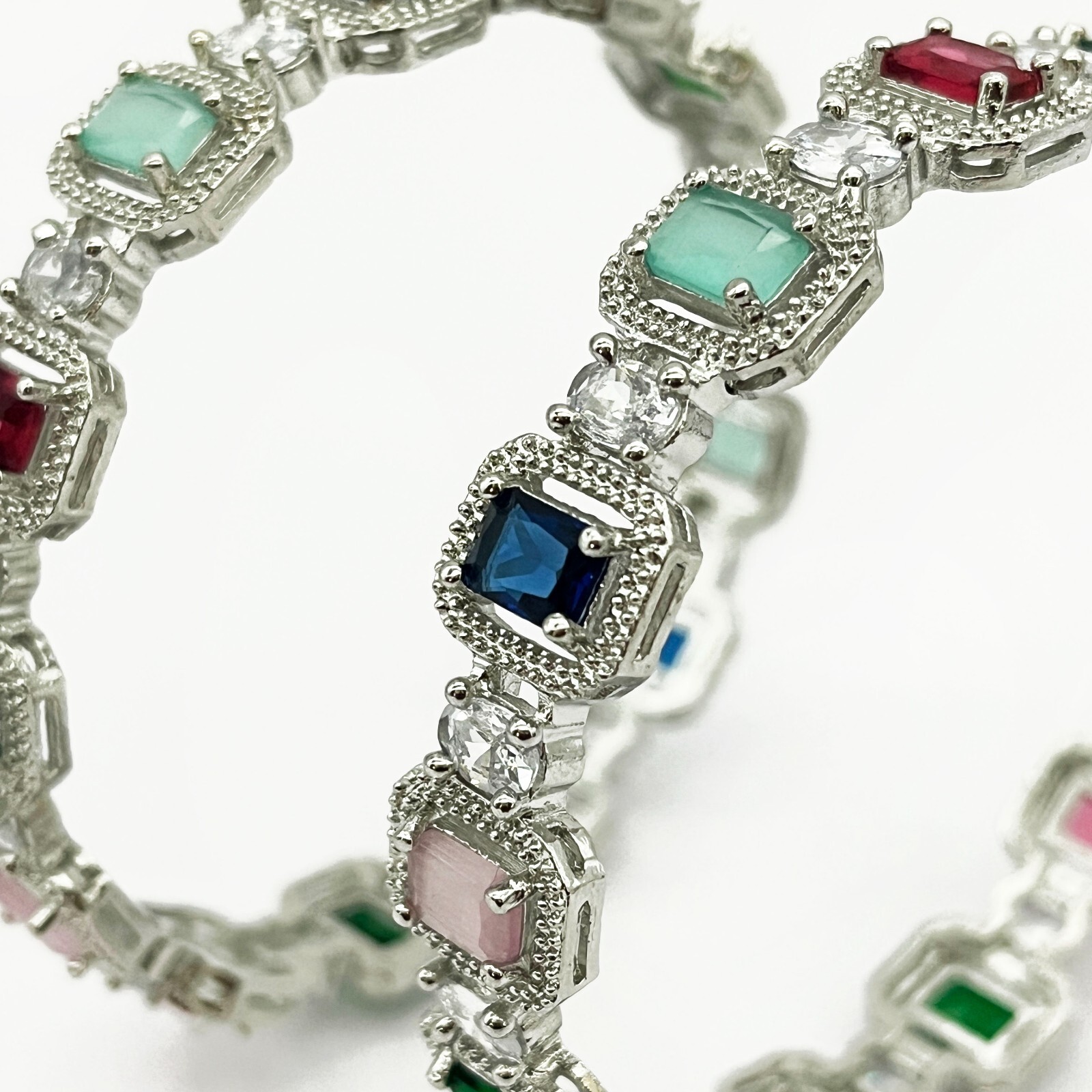 Silver Plated Multi Gemstone Bangle – Prong Setting Ethnic Jewelry for Her