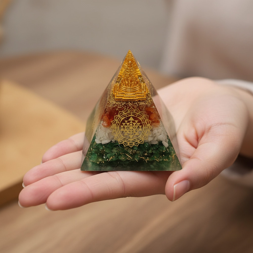 Orgonite Pyramid with Sri Yantra, Green Aventurine, Carnelian & Clear Quartz