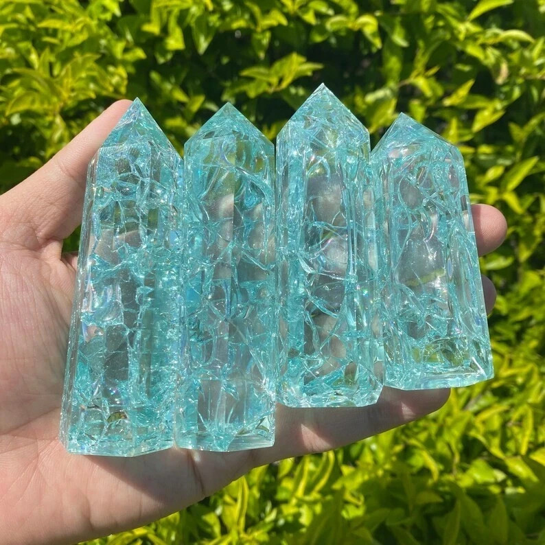 Handmade Blue Crackle Quartz Crystal Tower Healing Wand Obelisk Gemstone Gift