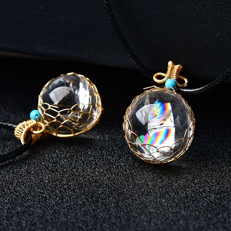 White Crystal Ball Pendant Rainbow Inlaid Raw Polished Gem Necklace Gift