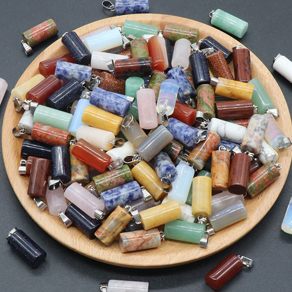 1x Chakra Natural Stone Crystal Cylinder Pendant Bead 10x20mm for Jewelry Making