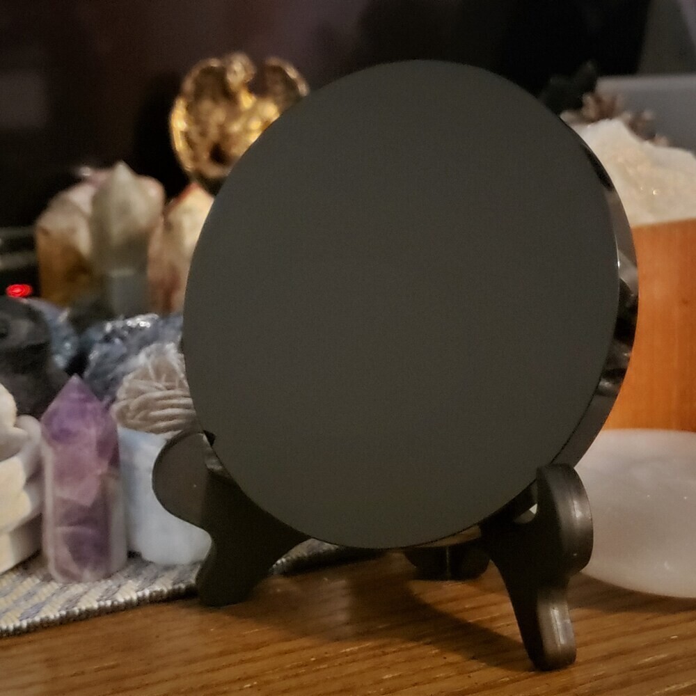 Natural Obsidian Mirror Black Crystal Scrying Plate Home Decoration with Stand
