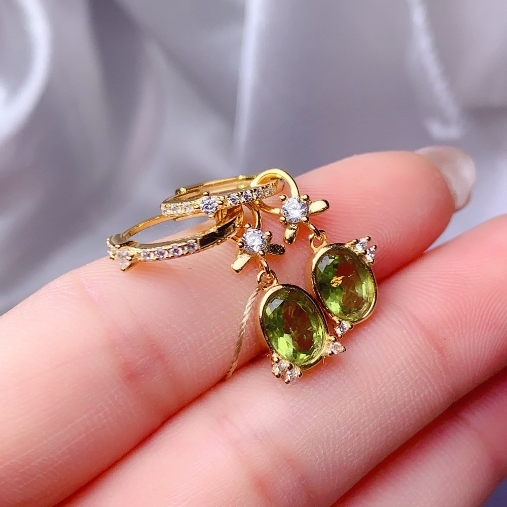 Natural Peridot Drop Earrings S925 Silver Plated 18K Gold Gemstone Jewelry Gift