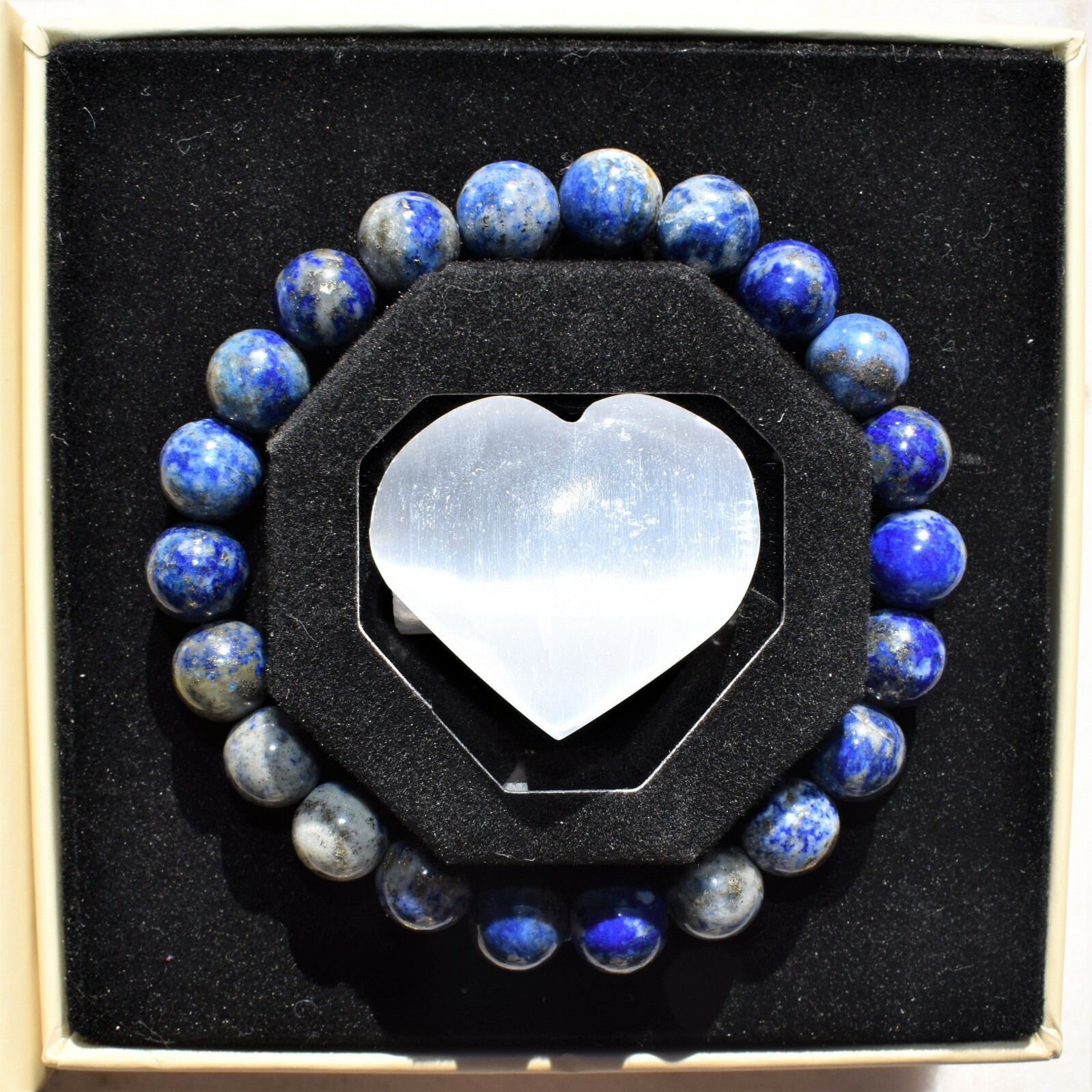 Premium CHARGED Natural Lapis Lazuli Crystal 8mm Bead Stretchy Bracelet + Heart