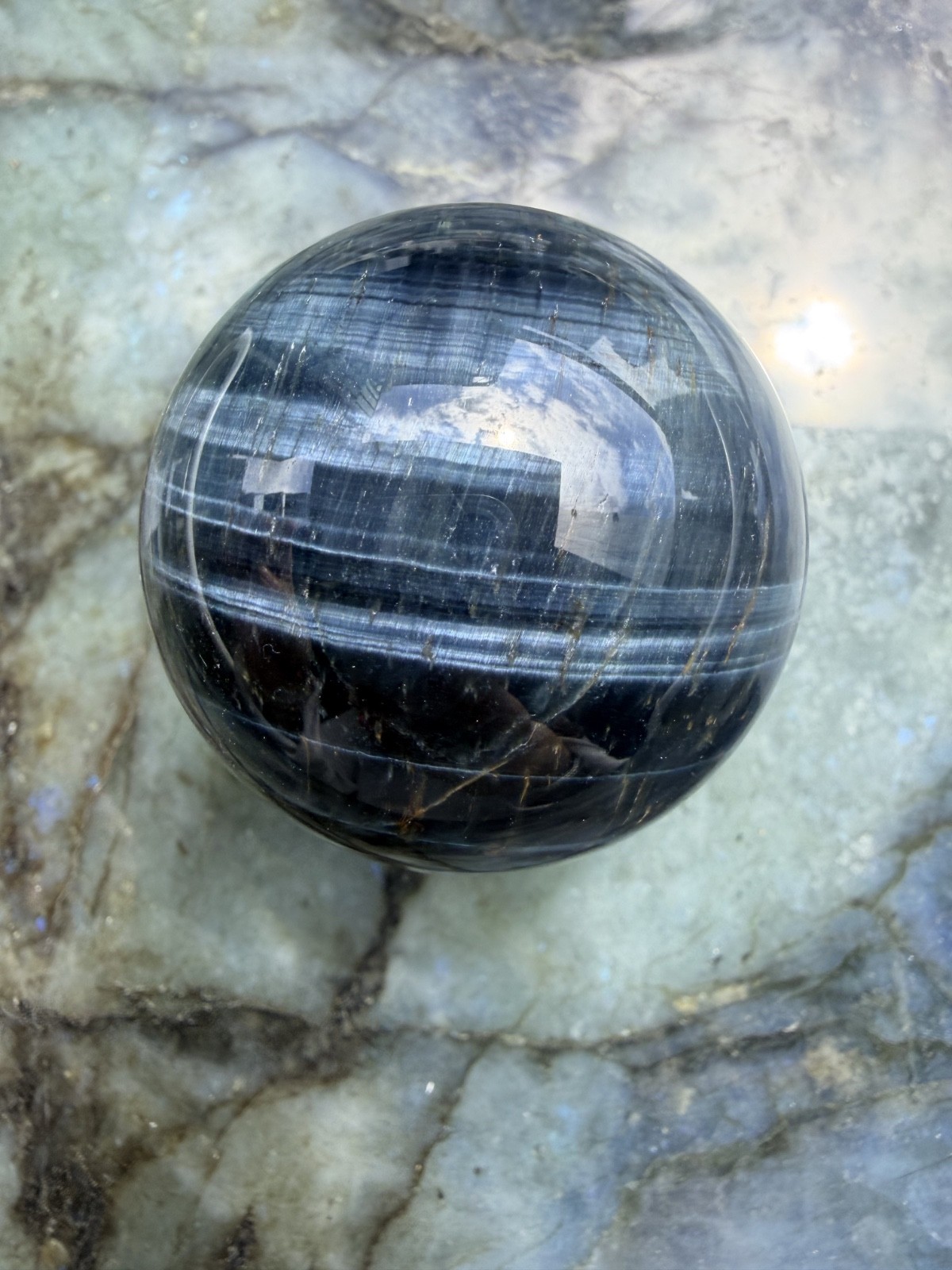 Blue Tiger’s Eye (Hawk’s Eye) Sphere | Intense Chatoyancy Cat’s Eye Effect |1.9″