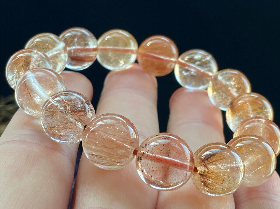 13mm Natural Rare yellow Rabbit hair Crystal Round Beads Bracelet AAA24047