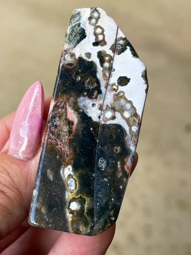 Natural Old Stock Orbicular Ocean Jasper Freeform Crystal Slice